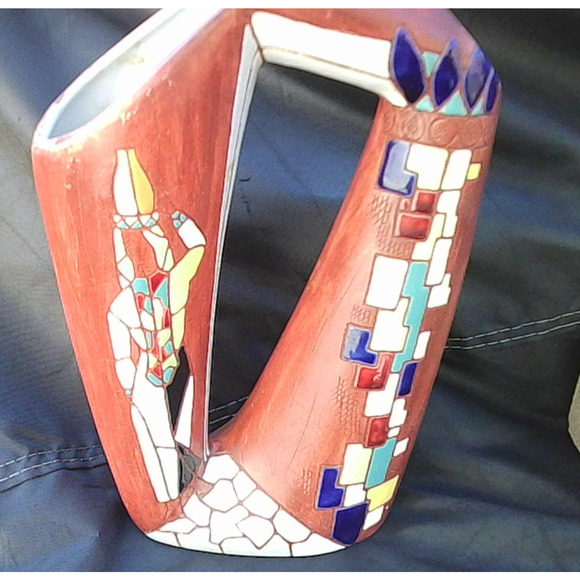 Vintage Signed Hand Painted Keramos Mid-Century Vase Israel Art Pottery